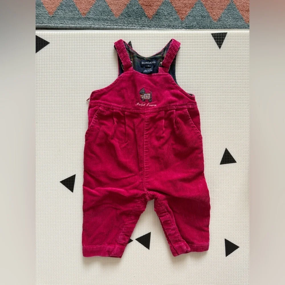 Vintage Ralph Lauren|Baby girl corduroy overalls in vibrant pink w preppy dog•••